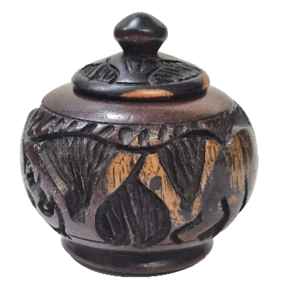 Wooden Brown Bowl Jar Trinket With Lid Elephant  Rhino Buffalo Design Handcarved
